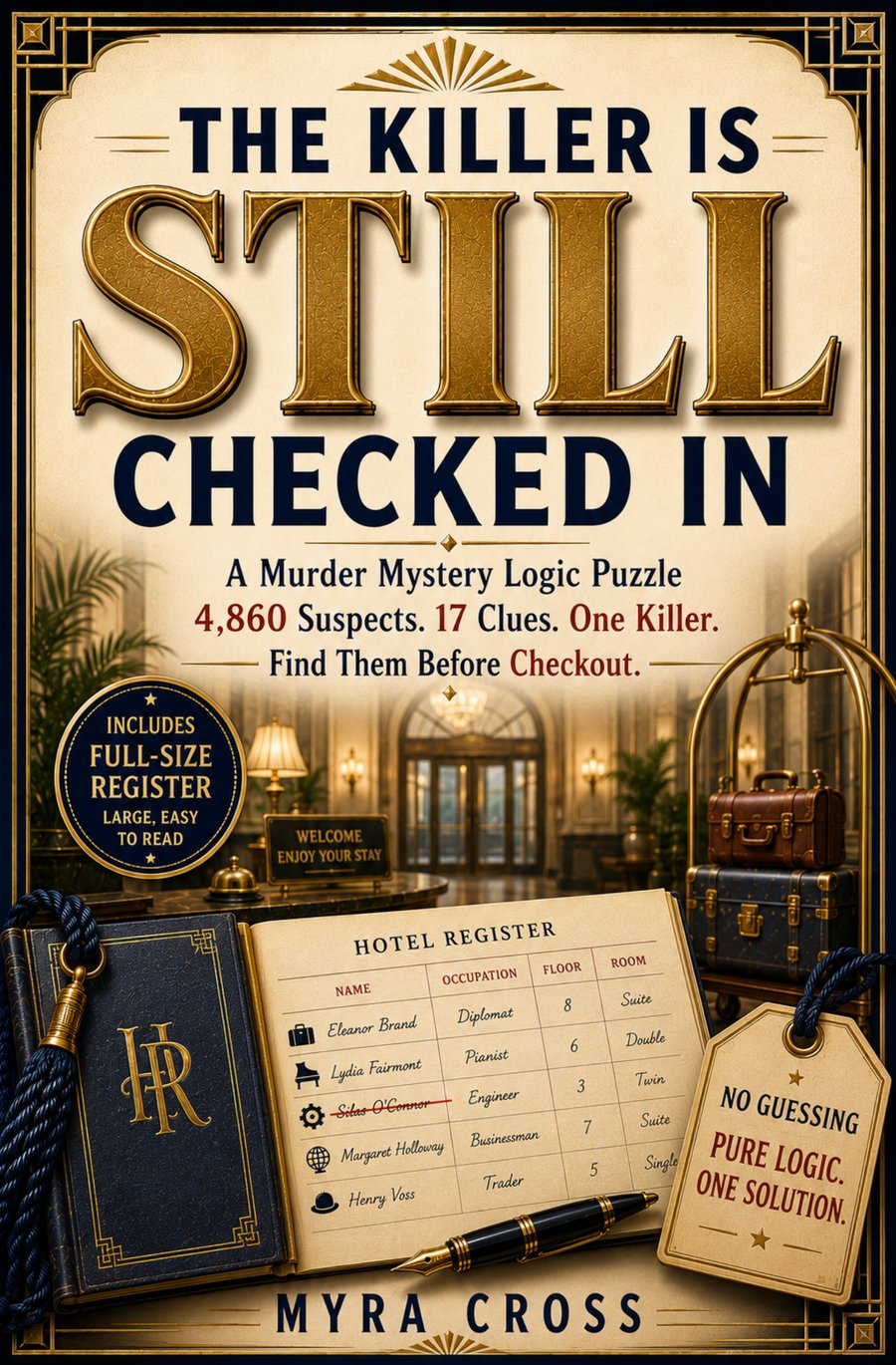 The Killer Is Still Checked In — a murder mystery logic puzzle by Myra Cross, Art Deco 1934 hotel cover